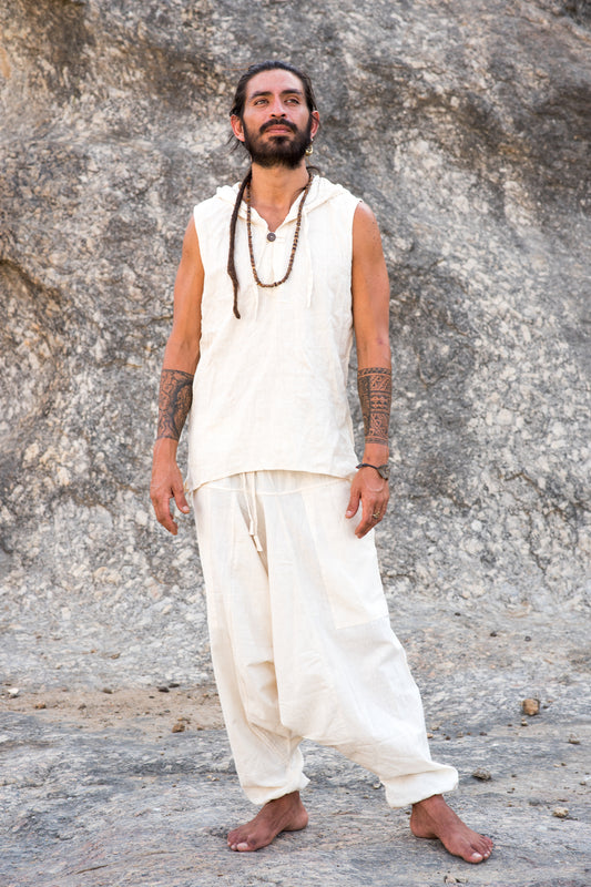 Earthy Men Outfit ⋘⋙ Sleeveless Shirt with Hoodie + Harem Pants ⋘⋙ Handwoven Natural Khadi Cotton