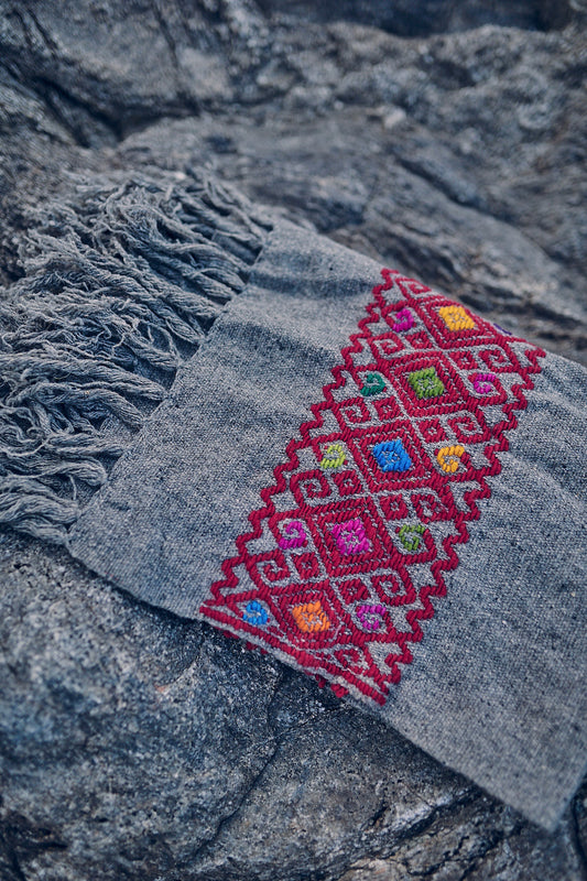 Grey Handloom Wool Shawl ⋙⋘ with Hand Embroidery ⋙⋘