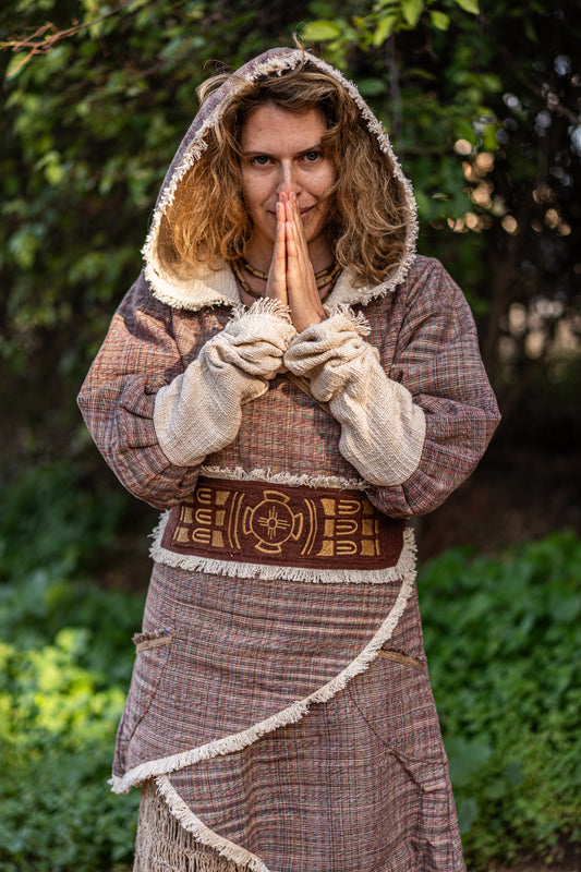 Bohemian Khadi cotton wrap jacket featuring a wide waist belt with original hand-drawn tribal embroidery and raw fringe edges