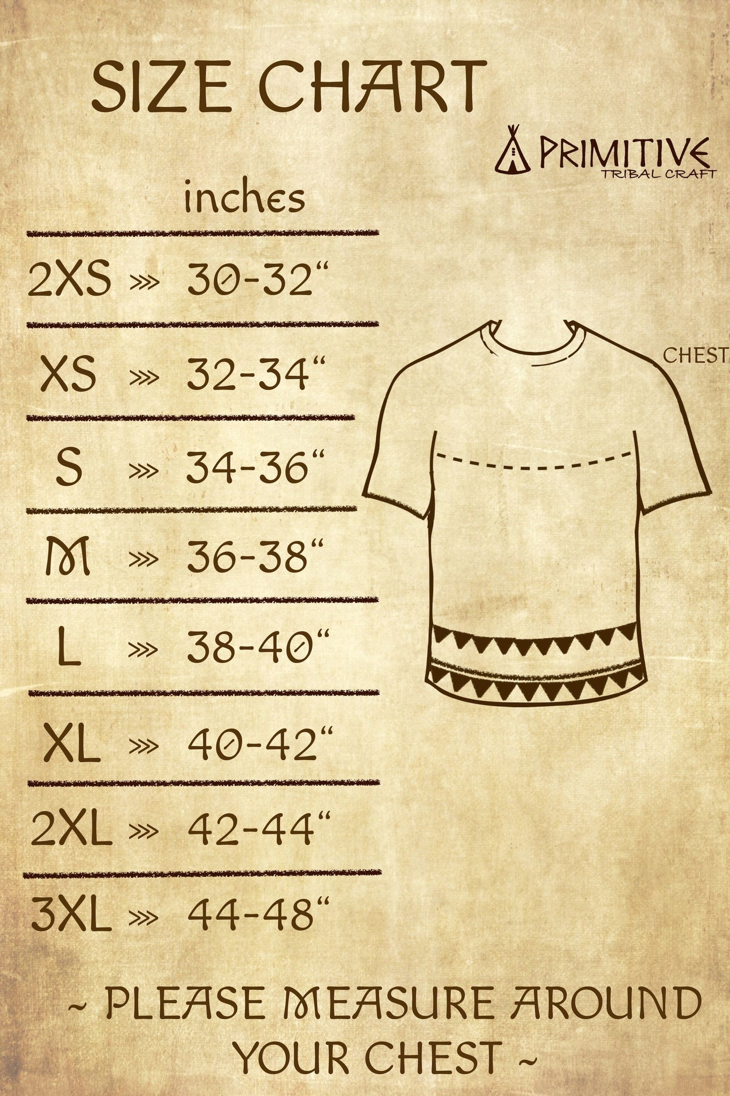 Size chart for shirts with measurements in inches on a textured brown background, featuring the brand 'Primitive'.