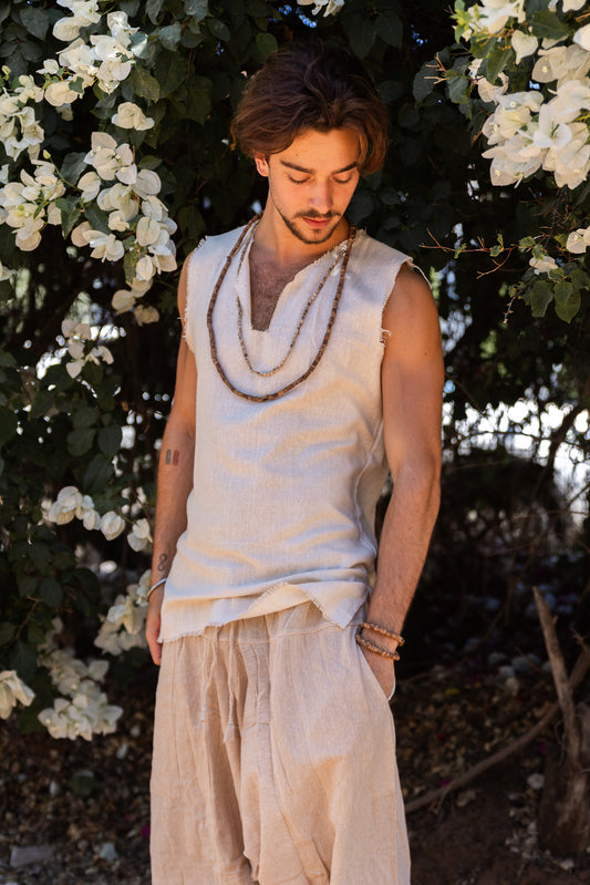 Earthy Frayed Sleeveless Shirt ⋙ Handwoven Raw Silk