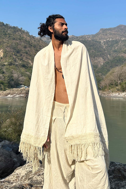 Handwoven Khadi Shawl >>> Undyed, Raw-Edge >>> thin weave