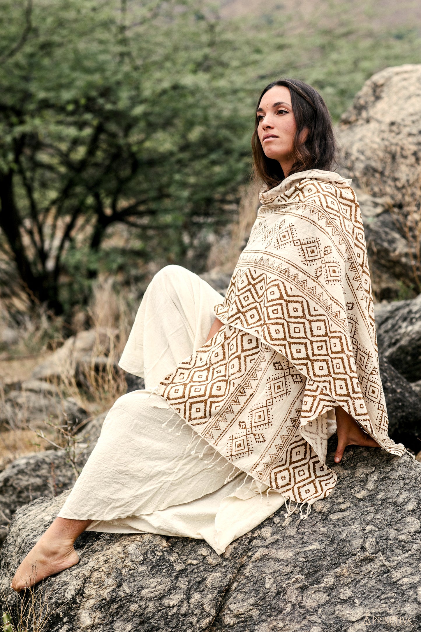 Ancient Waves Shawl ⫸⫸ Handwoven Wild Cotton Block Printed Shawl