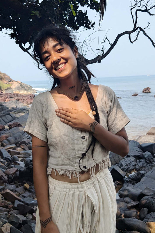 Mahima Hemp Top >>> Short Sleeve Cropped Blouse with Coconut Buttons