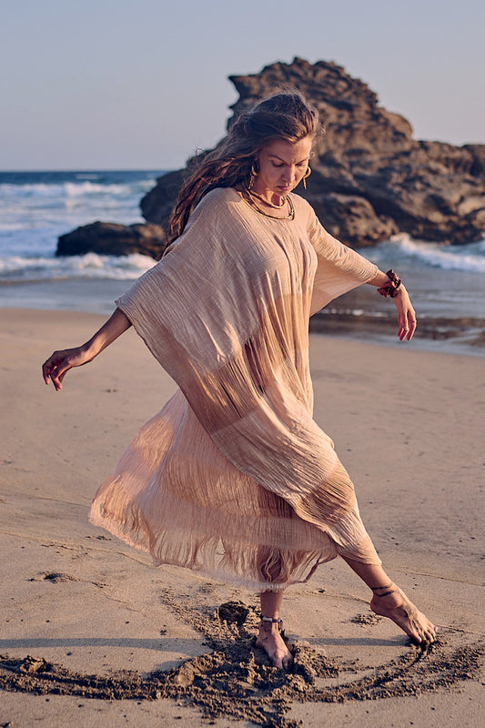 Frayed Coyuchi Cotton Kaftan >> Native Brown Cotton >> Hand Stitched Kaftan