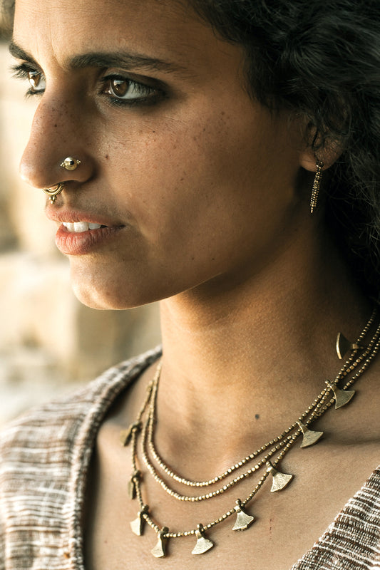 Tribal Brass Beaded Triangles Necklace ~