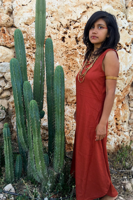 Sleeveless Long Maroon Dress ⋙ Handwoven Raw Silk