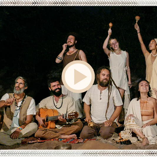 Nighttime song circle with boho hippie musicians playing guitar and percussion, wearing natural organic clothing in earthy tones.
