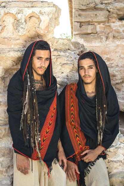 Black Wool Shawl with Tribal Pattern ~