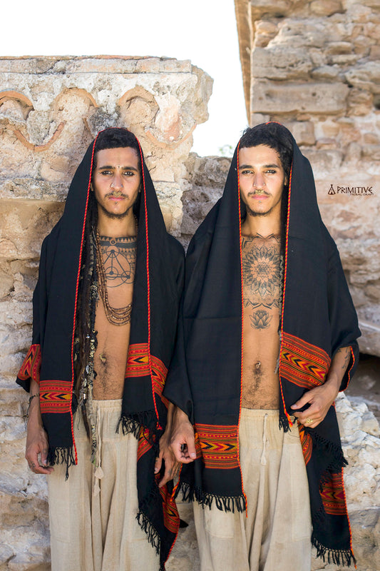 Black Wool Shawl with Tribal Pattern ~