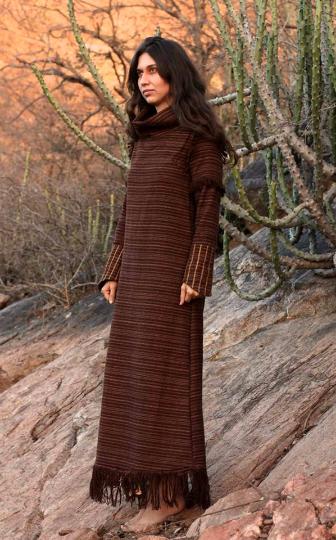 Long sleeves wool dress with fringe ~
