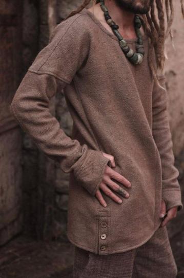 A man wearing Wool Cotton Sweater, Brown Warm Knit Pullover, Cozy Winter Sweater for Men 