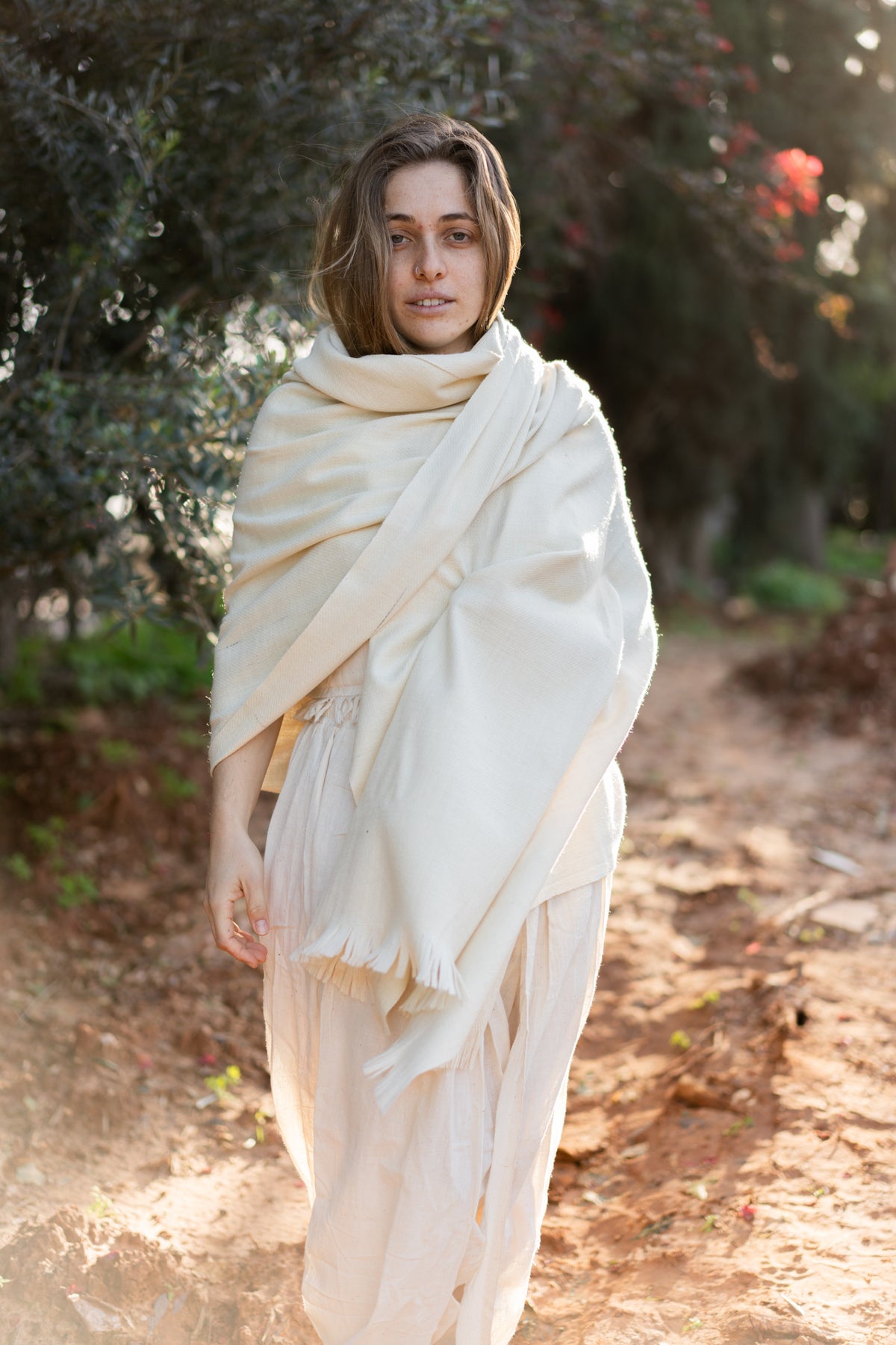 Handwoven Wool Shawl with Fringes - Natural Winter Wrap