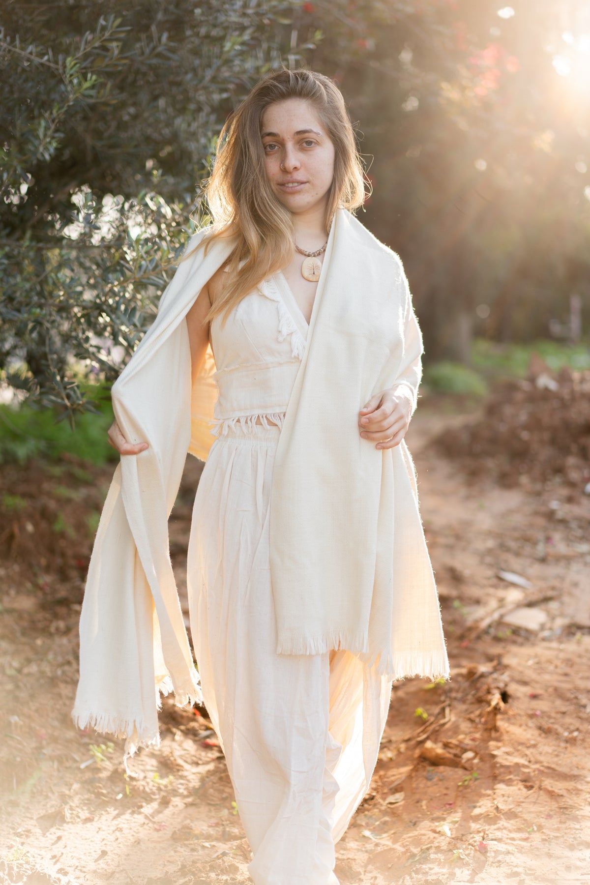 Handwoven Wool Shawl with Fringes - Natural Winter Wrap
