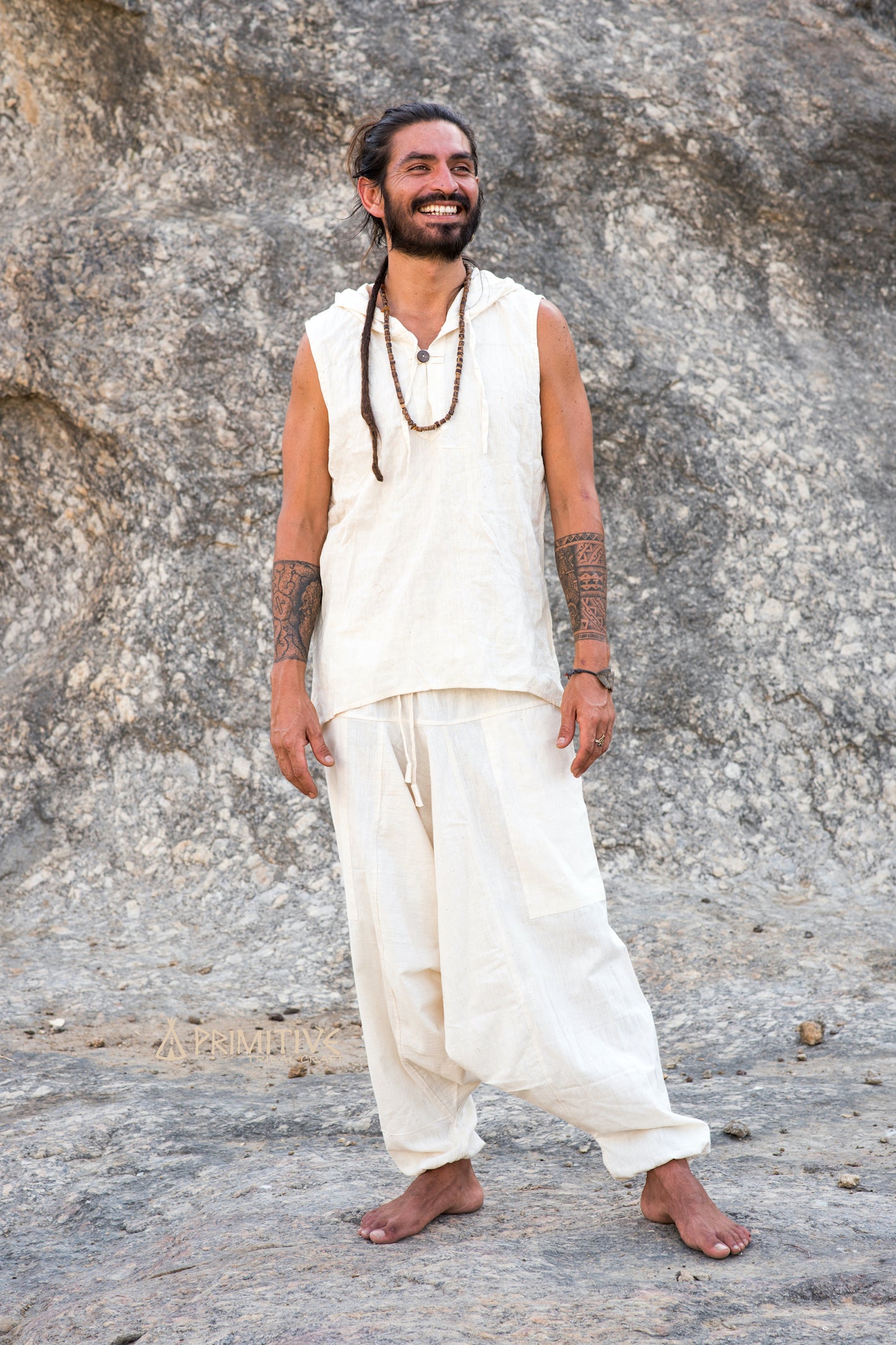 Earthy Men Outfit ⋘⋙ Sleeveless Shirt with Hoodie + Harem Pants ⋘⋙ Handwoven Natural Khadi Cotton