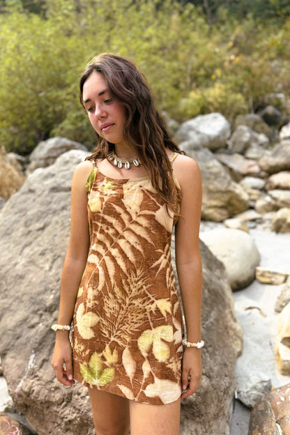 Earthy short botanical dye dress with natural leaf eco-print. Boho slip dress by Primitive Tribal Craft.