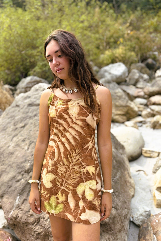 Earthy short botanical dye dress with natural leaf eco-print. Boho slip dress by Primitive Tribal Craft.