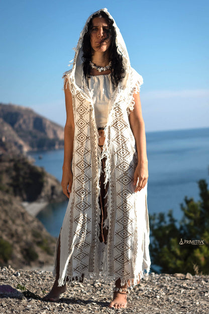 Long ⋗ Tribal Block Prints ⋖ Vest with Hoodie