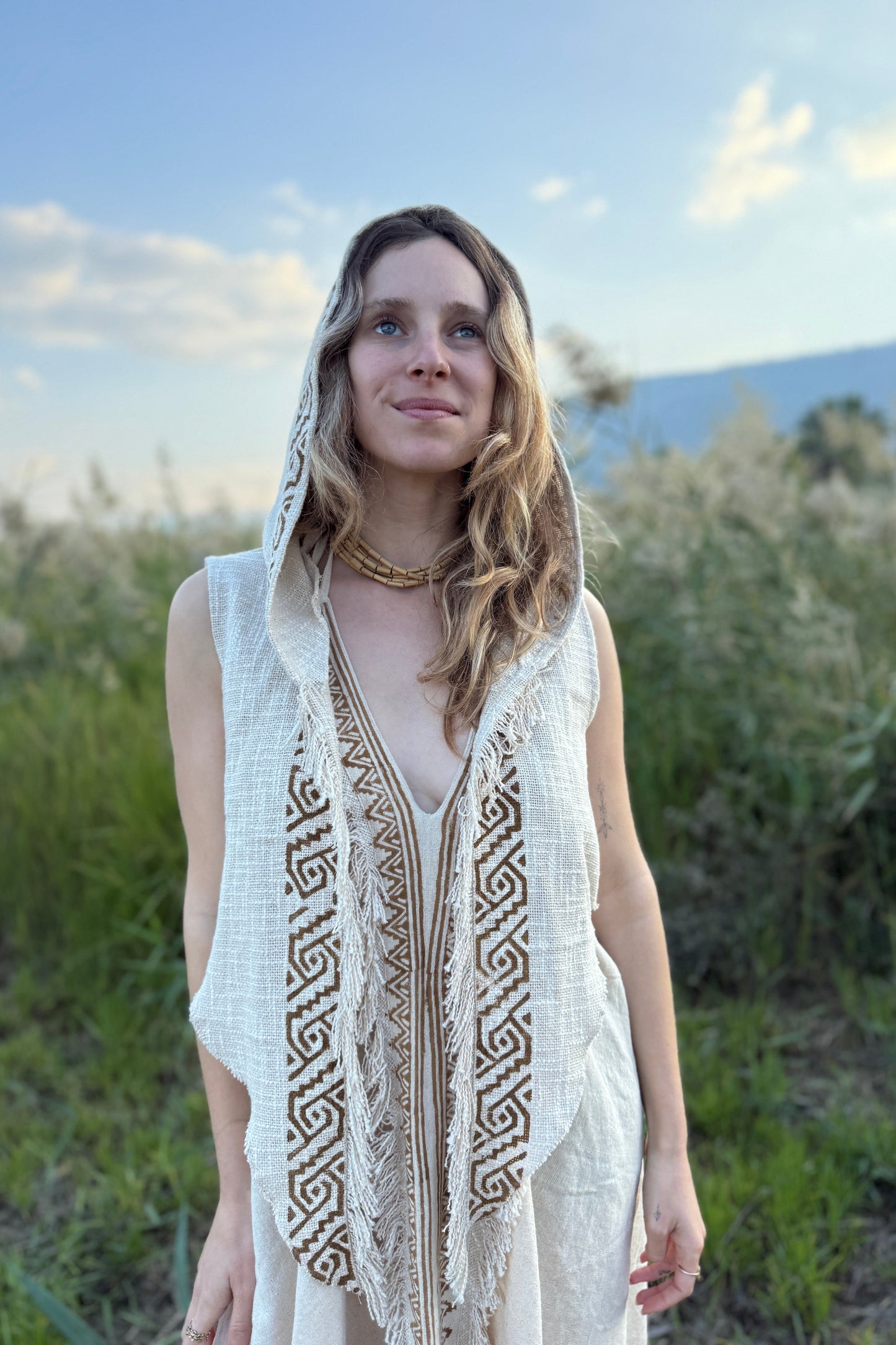 Maya Hooded Cotton Vest  ⫸ Women's Tribal Block Print Layering Top