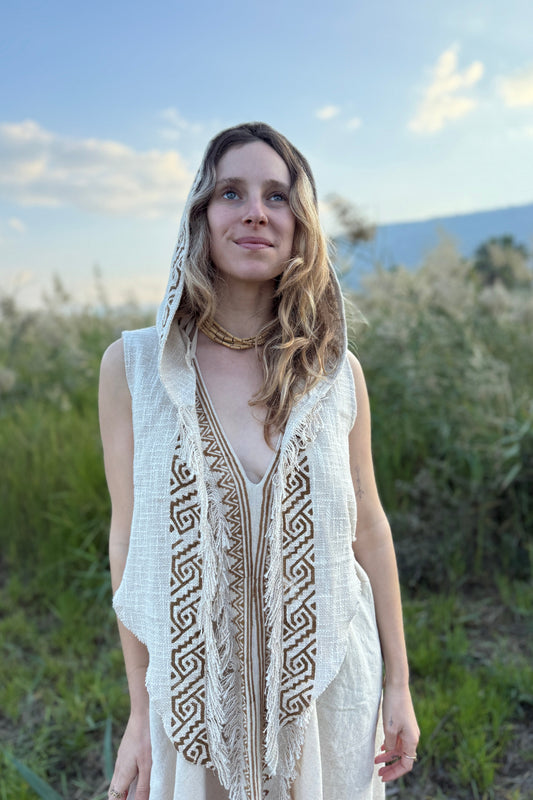 Maya Hooded Cotton Vest  ⫸ Women's Tribal Block Print Layering Top