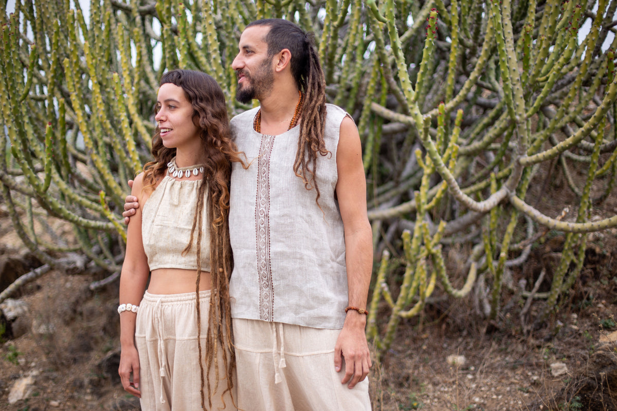Linen Tank Top with Block Print