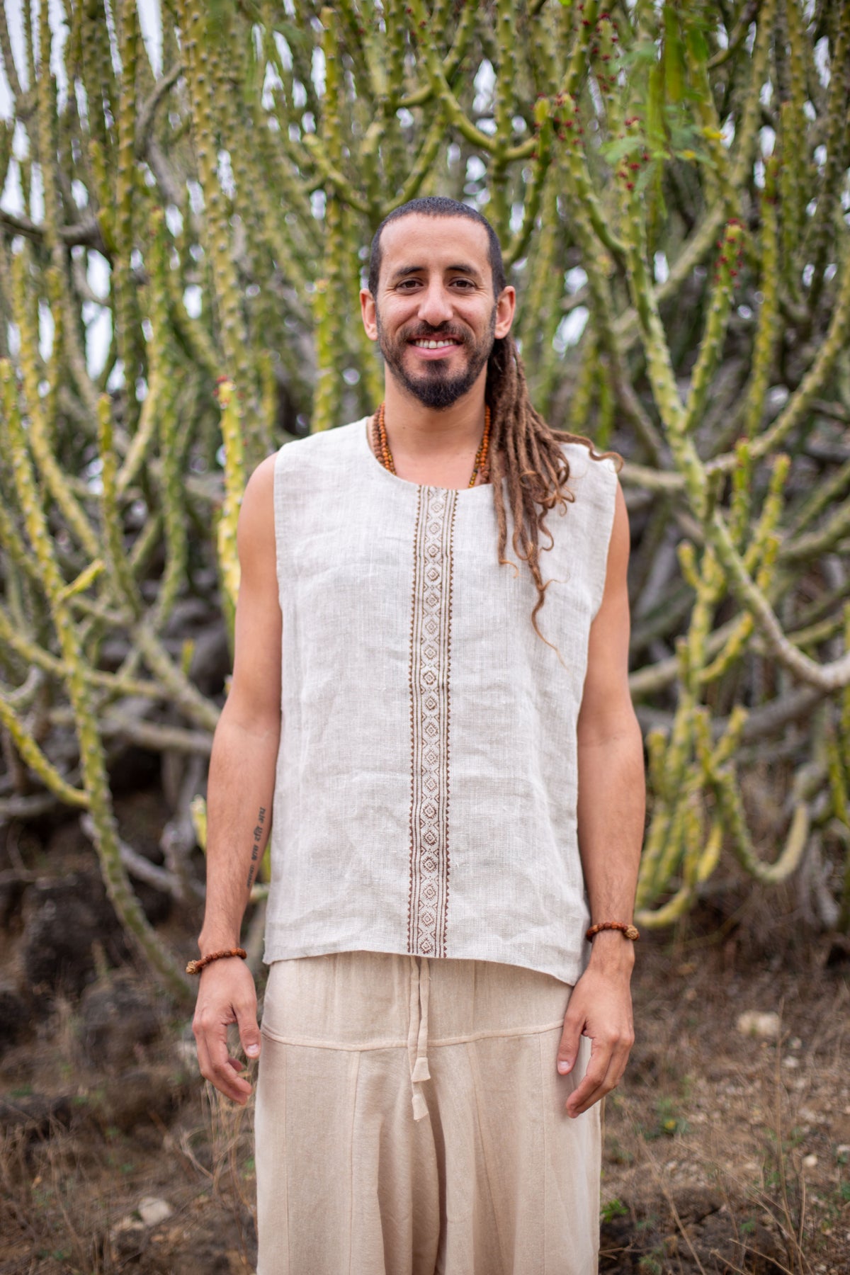 Linen Tank Top with Block Print
