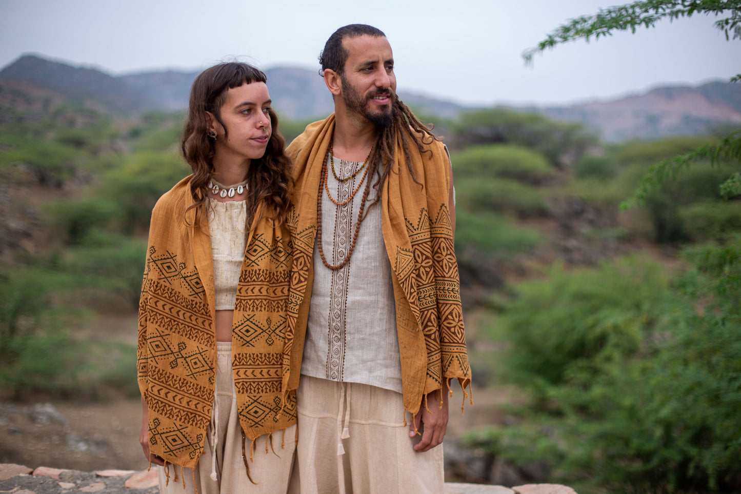 Block printed brown cotton scarf