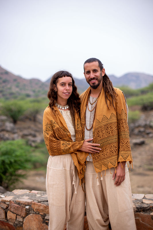 Block printed brown cotton scarf