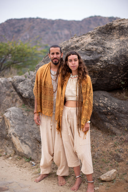 Block printed brown cotton scarf