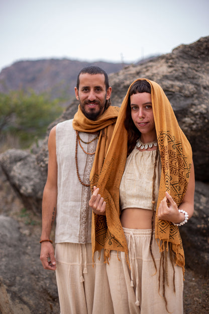 Block printed brown cotton scarf