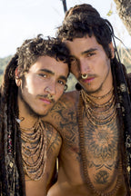 Two men wearing the large Tulsi wood beads necklace in a layered style, showcasing how the multiple strands drape naturally against the chest