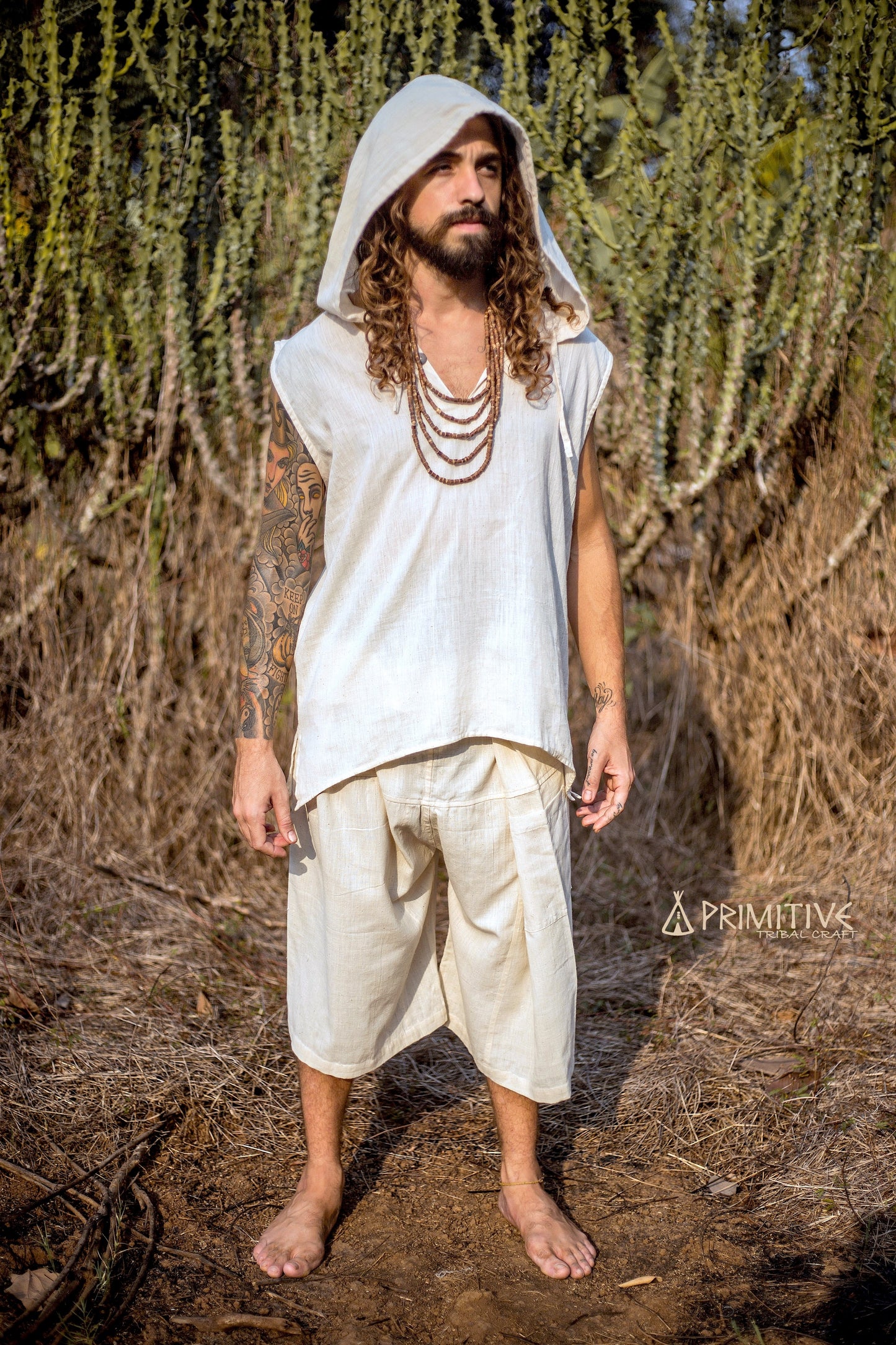 Earthy Short Summer Outfit ⋙⋗ Sleeveless Shirt with Hoodie + Short Fisherman Pants ⋙⋗ Handwoven Khadi Cotton