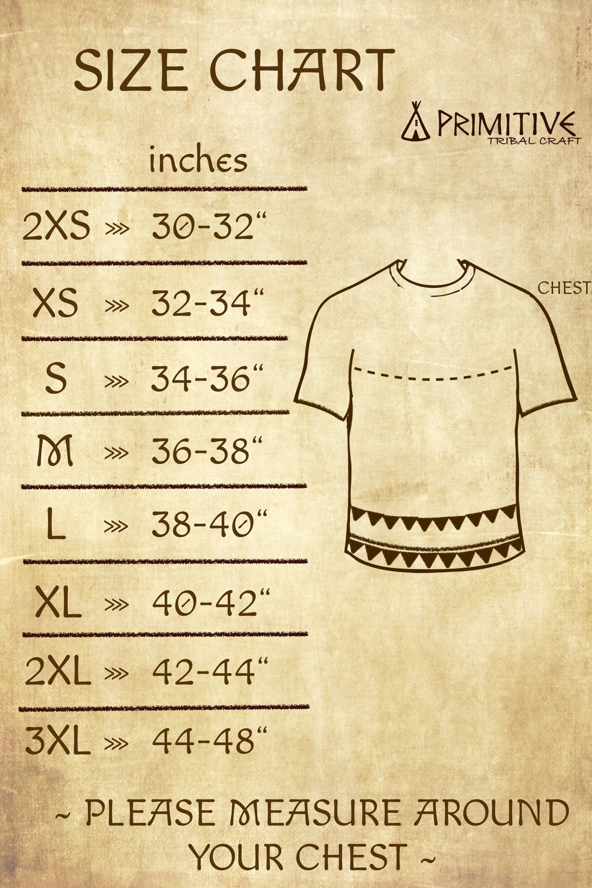 Size chart for shirts with measurements in inches on a textured brown background, featuring the brand 'Primitive'.