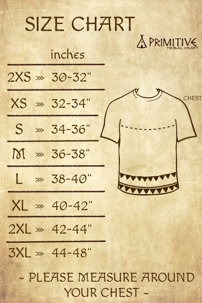Size chart for shirts with measurements in inches on a textured brown background, featuring the brand 'Primitive'.