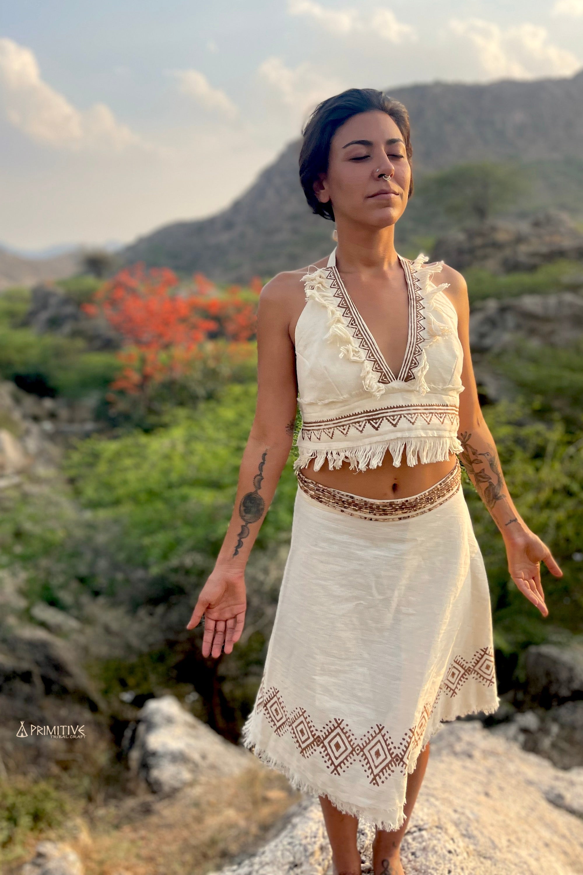 Oria Short Wrap Skirt ⋗ Tribal Block Print ⋖ Handwoven Khadi