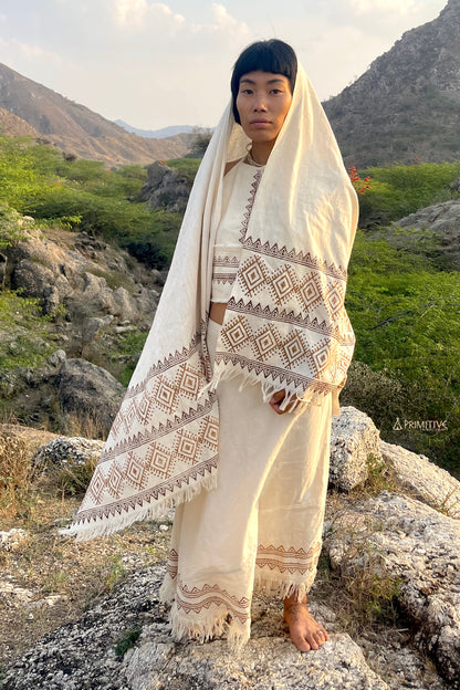 Handwoven Khadi Cotton Shawl with Tribal Block Print