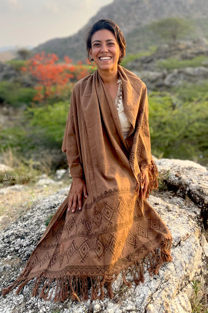 Handwoven Khadi Cotton Shawl with Tribal Block Print