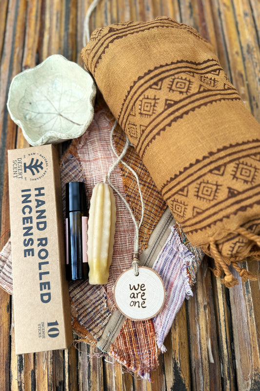 Handmade Valentine gift set with handwoven brown block-print cotton scarf, khadi pouch, natural oil perfume, hand-rolled incense and small ceramic leaf bowl