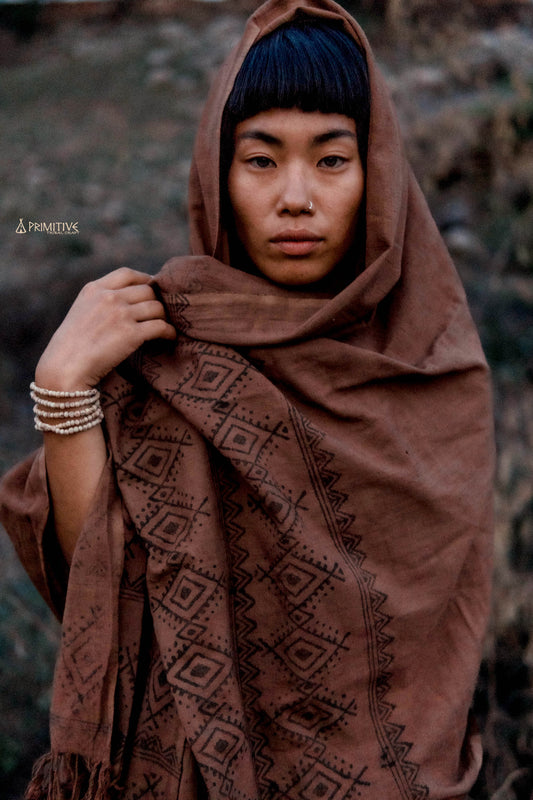 Handwoven Khadi Cotton Shawl with Tribal Block Print