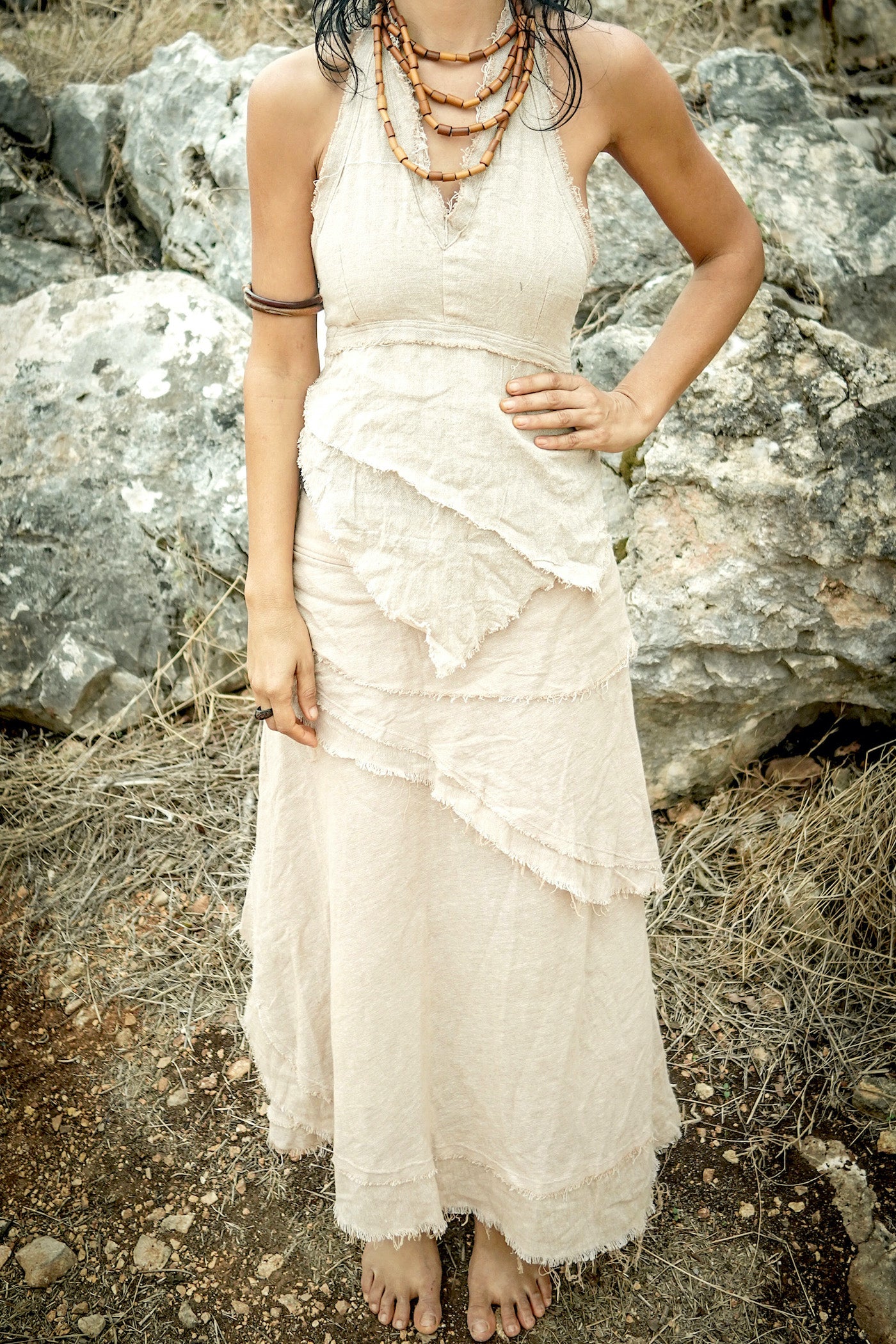 Gypsy Women Outfit >> Gypsy Long Wrap Skirt with Frayed Edges ⋙⋗ + Earth Frayed Top ⋙ Natural Cotton