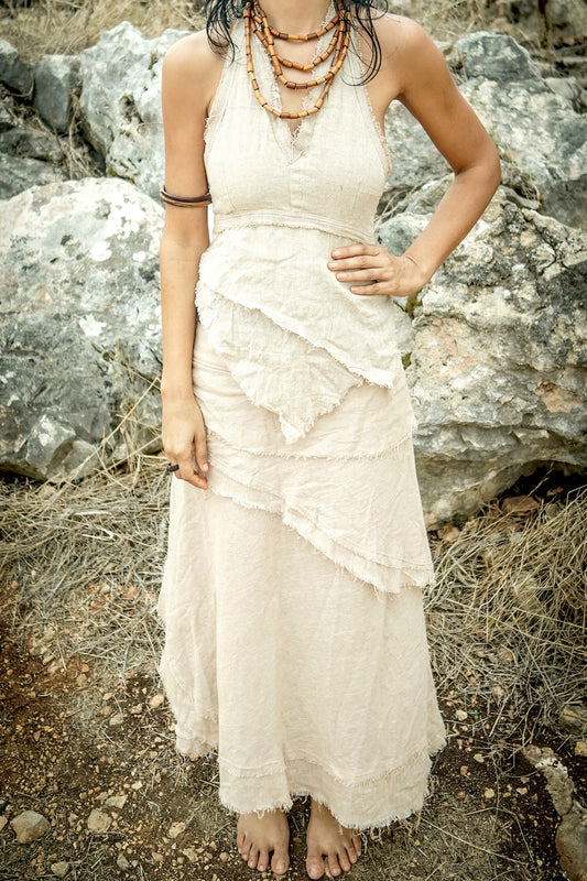 Gypsy Women Outfit >> Gypsy Long Wrap Skirt with Frayed Edges ⋙⋗ + Earth Frayed Top ⋙ Natural Cotton