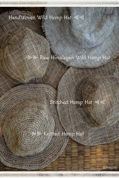 Flat lay of four hemp hats with labels: handwoven wild, raw Himalayan, stitched, and knitted hemp hats.