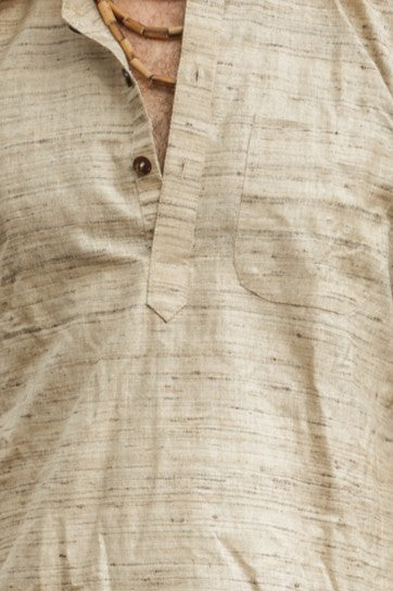 Close-up of wild silk long kurta showing natural slubbed texture, button placket and chest pocket