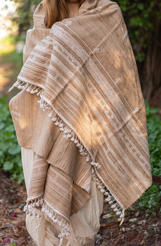 Woman wrapped in a handwoven light brown wool and silk shawl. Detailed view of the traditional Indian tribal embroidery and warm texture, styled for a nomadic look.