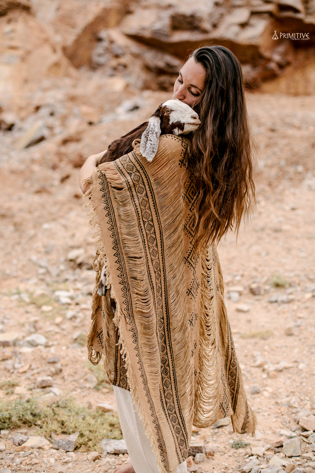 Brown Frayed Long ⋗ Tribal Block Print ⋖ Poncho