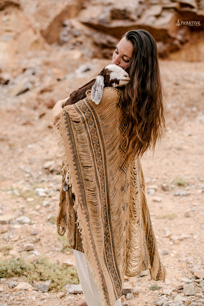 Brown Frayed Long ⋗ Tribal Block Print ⋖ Poncho