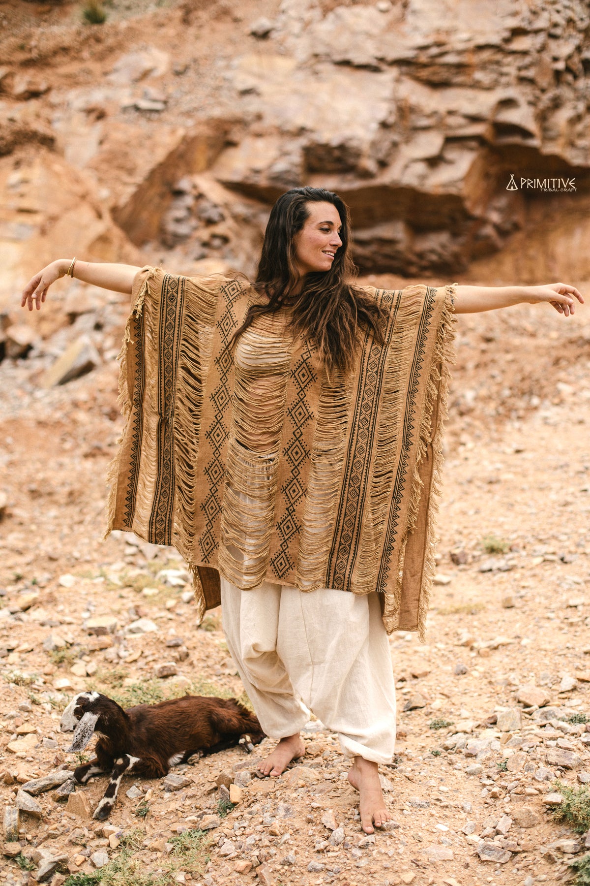 Brown Frayed Long ⋗ Tribal Block Print ⋖ Poncho