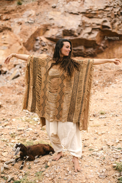 Brown Frayed Long ⋗ Tribal Block Print ⋖ Poncho