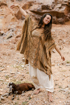 Brown Frayed Long ⋗ Tribal Block Print ⋖ Poncho