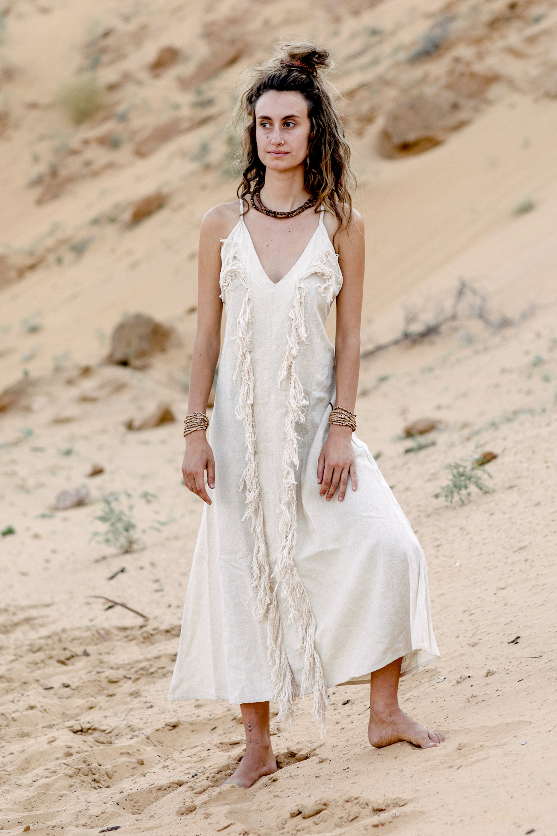 Fringed Long Desert Dress Handwoven Raw Silk Primitive Tribal Craft Fringed Long Desert Dress Handwoven Raw Silk Primitive Tribal Craft